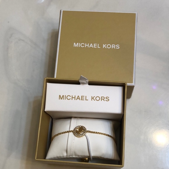 Michael Kors Gold Tone Slider Bracelet Open Frame Circle & MK Logo Crystal NWT - Picture 14 of 16